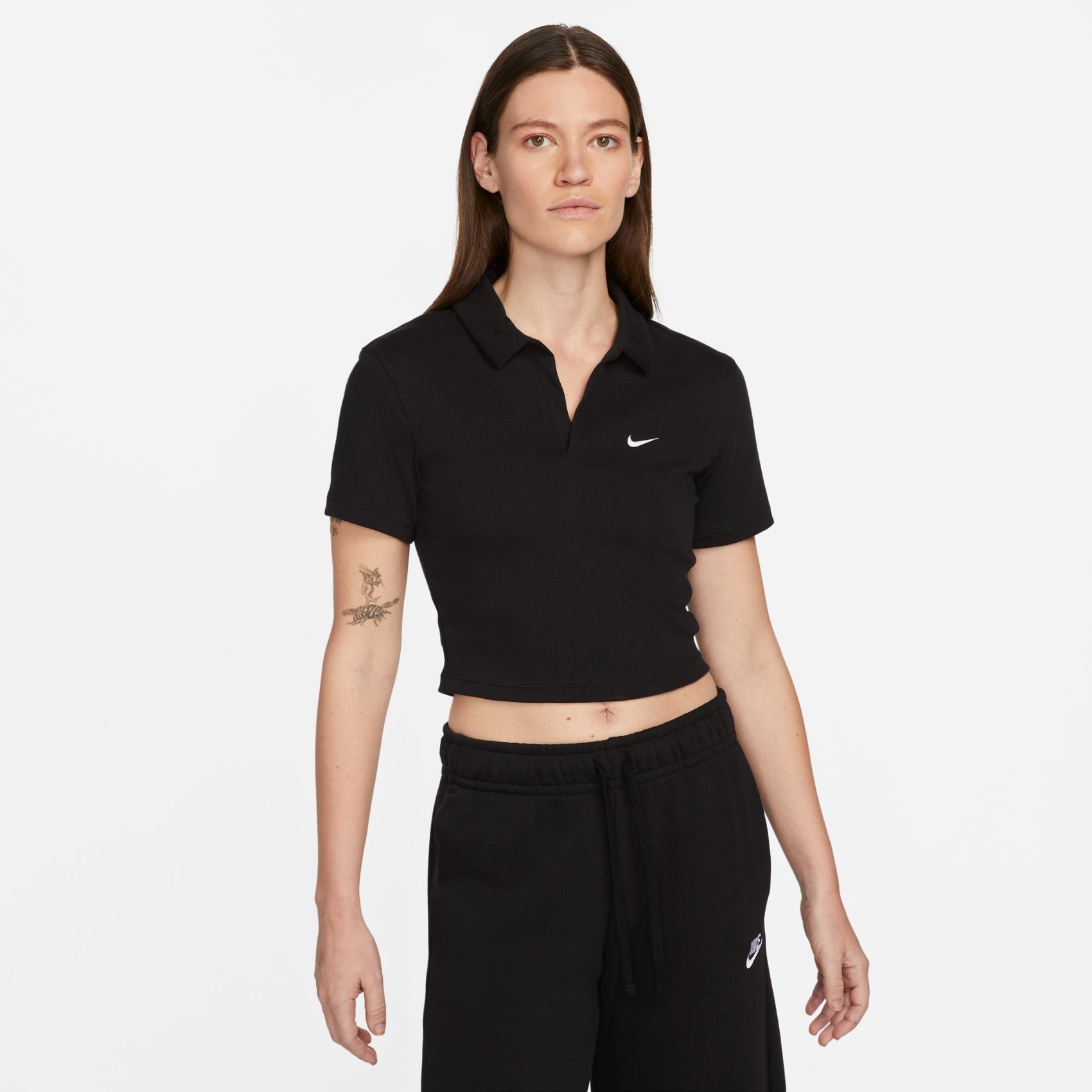 Essential SS Polo Crop Top Kadın Siyah Tişört