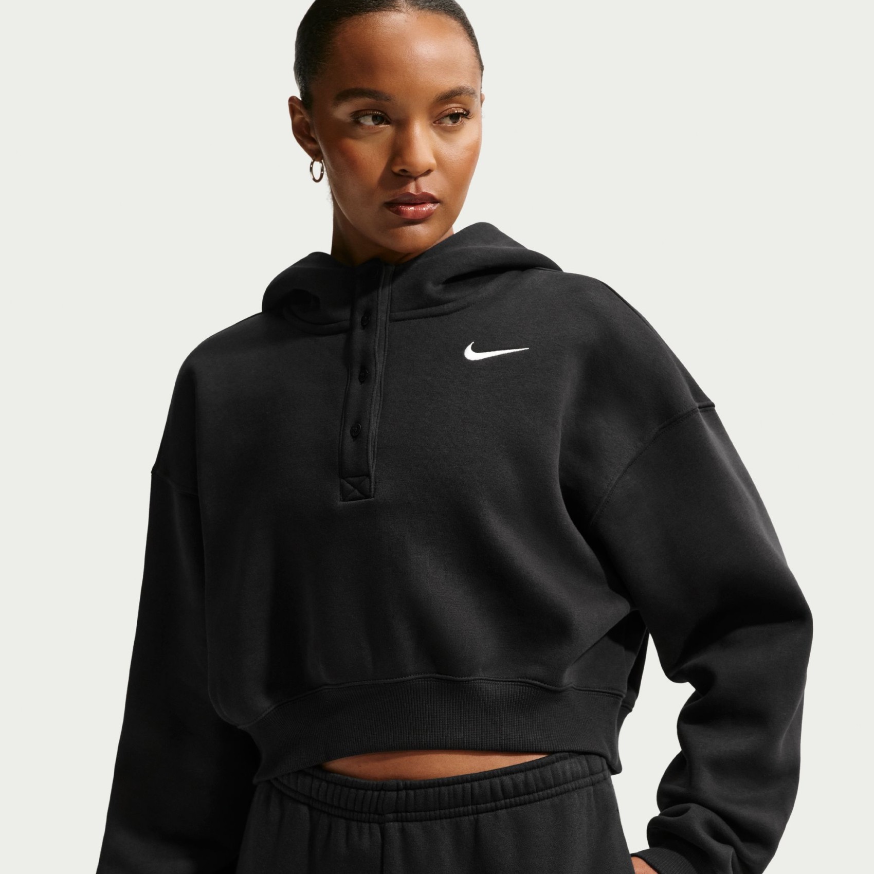Phoenix Fleece Os Crop Henley Hoodie Kadın Siyah Sweatshirt